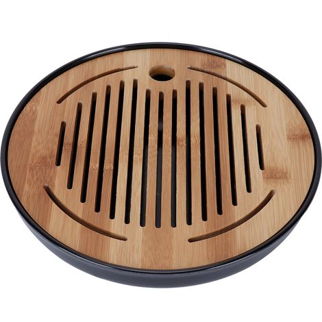 Teetablett aus Bambus, Untertasse mit Abfluss und Wasserbehälter, rundes Tablett mit 25 cm Durchmesser für Zuhause (1/5)