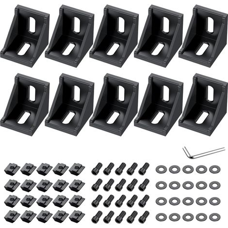 10 schwarze Winkelverbinder aus Aluminiumlegierung, 90°-Winkelverbinder für 4040/4080-Profile, mit T-Muttern, Schrauben, Unterlegscheiben und Schraubenschlüssel, zur Montage von Industriekonstruktione