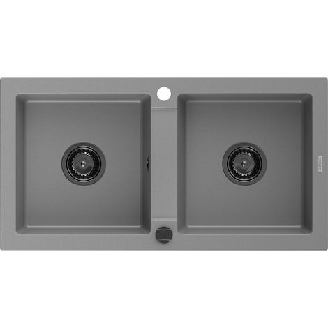 Mexen Mario évier en granit à 2 cuves 820 x 436 mm, Gris, siphon Noir - 6504822000-71-B (1/5)