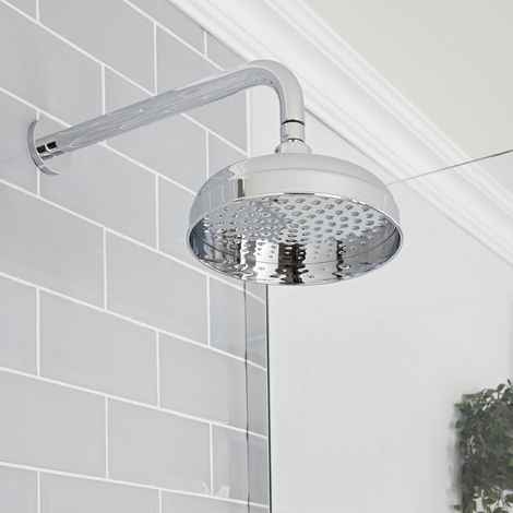 Hudson Reed – Pommeau de douche 20 cm effet pluie – Bras mural en laiton massif – Finition chromée et blanche – Joint pivotant pour orientation ajustable (1/4)