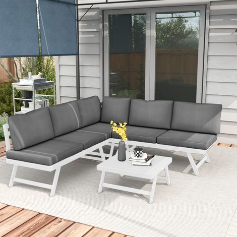 Ensemble 4 meubles de jardin gris avec canapé d'angle, double canapé et table basse, coussins confortables pour balcon et terrasse