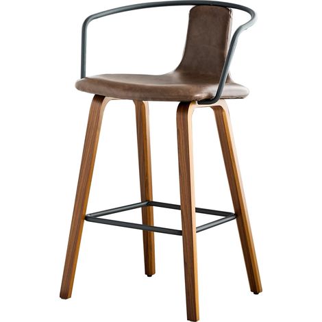 Lot de 2 tabourets de bar avec accoudoirs, assise en Teddystoff crème ou cuir PU marron, pieds en bois massif, repose-pieds métal (1/5)
