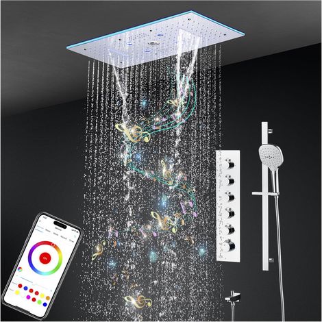 Système de Douche Thermostatique Musical, LED 64 Couleurs Bluetooth Colonne Douche Encastré Ensemble de Douche avec 600 300mm 9 Fonctions Tête de Douche, Douchette, Robinet de Baignoire (Chrome) (1/5)