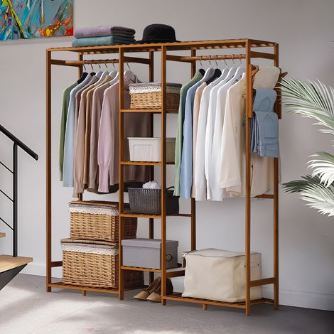 Simple Brown Wooden Hanger Cabinet with Hooks 153cm W x 30cm D x 146.5cm H (1/5)