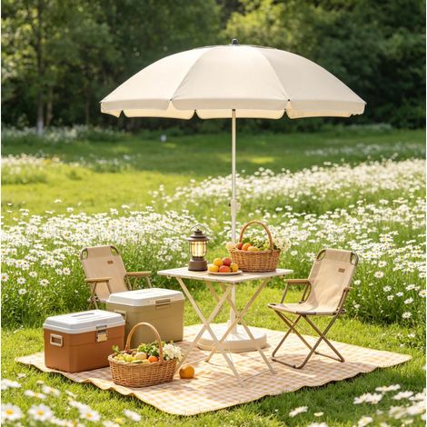 Strandschirm 135x135x122-172 cm beige aus Metall und Polyester höhenverstellbar mit 35° Neigung (1/5)
