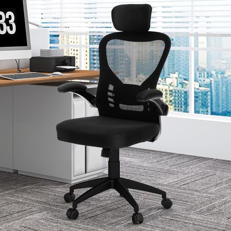 Chaise de Bureau Ergonomique en Maille Chaise de Direction Accoudoirs Rabattables Hauteur et Appui-tête et Soutien Lombaire Réglables Noir (1/2)