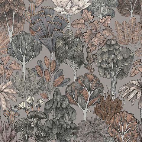 Carta da parati natura Profhome 377574 Carta da parati TNT liscia con ornamenti floreali opaca grigio beige arancione nero 5,33 m2