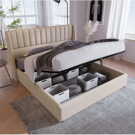 Letto contenitore 180x200 cm con rete a doghe, struttura idraulica, beige DESVIAE (1/5)