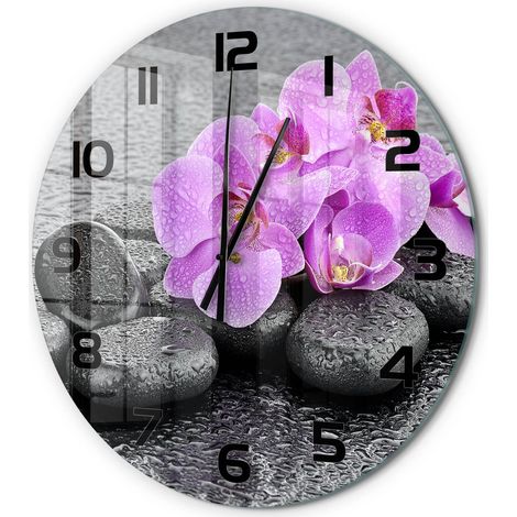 Horloge Murale Ronde Verre Trempé Silencieuse Facile à Lire Design Moderne Orchidée et pierres fi 60 cm (1/5)