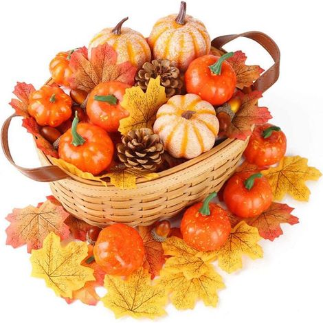 Citrouille Artificielle - 12 Pièces avec 30 Feuilles Érable Réalistes - Décoration Automne Halloween Thanksgiving Intérieur Extérieur (1/5)