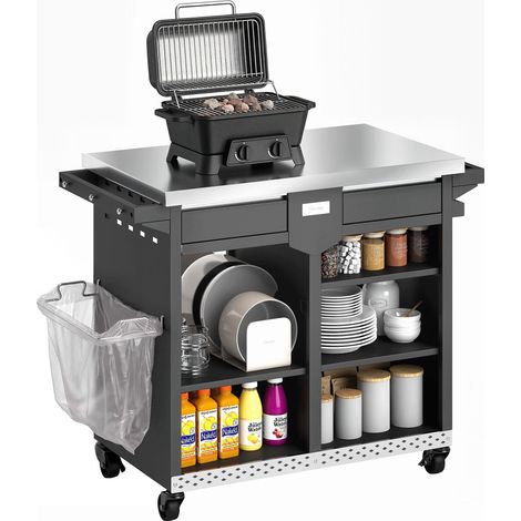 Chariot barbecue à 5 niveaux, plan de travail réglable en acier inoxydable, étagères, tiroirs, roulettes, porte-épices et poubelle. (1/5)