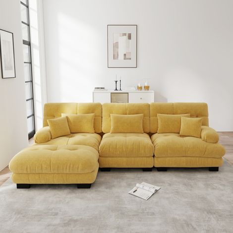 Divano angolare modulare 313 x 145 x 81 cm in ciniglia gialla con ottomano HAVRYA (1/5)