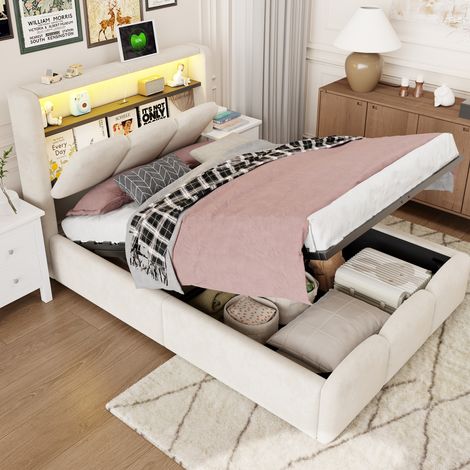 Kinderbett 90x200 cm Beige aus Samt mit LED, USB-C, Stauraum und Blütenblatt-Design (1/5)