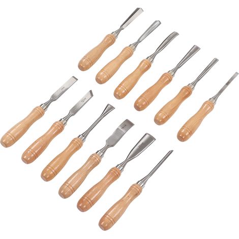 12 Ciseaux à Bois Manche Hêtre Lame Acier Carbone Tranchant Kit de Sculpture Menuiserie (1/5)