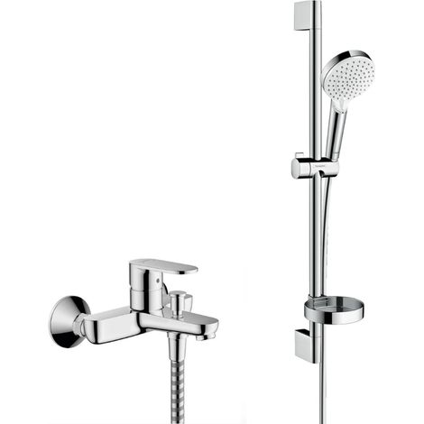 Hansgrohe Crometta Wannen-/Brausemischer-Set + 65-cm-Stange + 2-Strahl-Handbrause + Flexibel, Chrom (71440000-Crometta2)