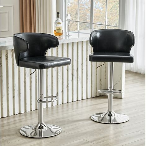 Taburete de bar de PU con respaldo, reposapiés, giro 360° y altura regulable, patas metálicas, negro (1/5)