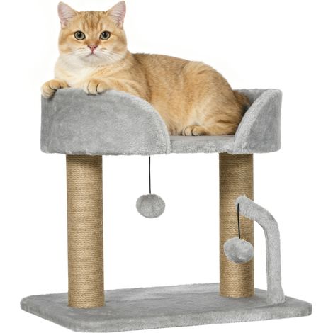 Arbre à chat gris clair 48x38x42 cm pour petits chats avec nid, balles suspendues et poteaux en sisal, accessoire design sobre pour intérieur pratique et compact