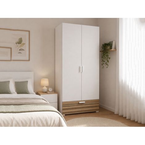 Armario de 2 Puertas Centaurea, Ropero Dormitorio Perchero, Hecho en Italia, 52.00x180.00h cm Blanco Roble Rayado (1/4)