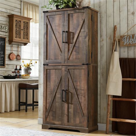 Armoire de Cuisine Style Campagnard Colonne 183 cm à Portes Coulissantes Grange, 1 Tiroir & Étagères Réglables, Grand Espace de Rangement en Panneau de Particules - Marron Rustique (1/5)