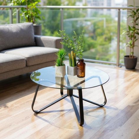 Tables de Service de Jardin, Design Rond Minimaliste avec Plateau en Verre Trempé de 80 cm, Table Basse en Métal pour Jardin/Balcon/Terrasse/Bistrot/Patio, 80 x 80 x 40 cm (1/5)