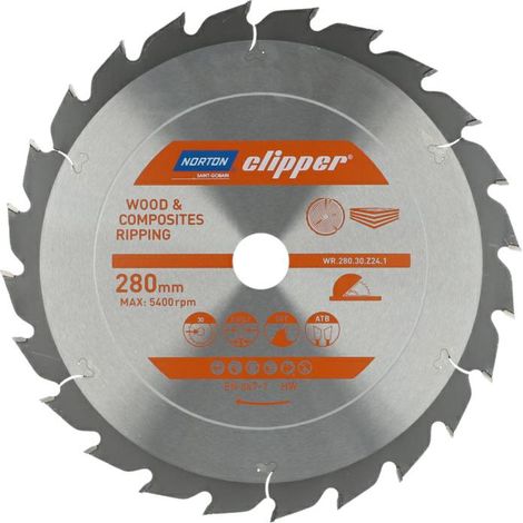 Sega circolare Norton 280 mm (3.0 / 2.0), taglio trasversale e taglio liscio per legno e materiali compositi, 24 denti, metallo duro e acciaio, 9500 giri/min, diametro 30 mm, sega da banco de
