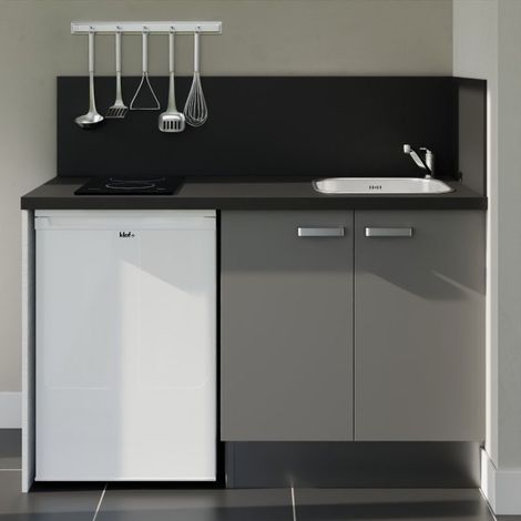 Kitchenette K17L-PT - 140 cm avec plan de travail et évier - Façade Gris - Plan Noir - Evier Inox - Crédences Oui