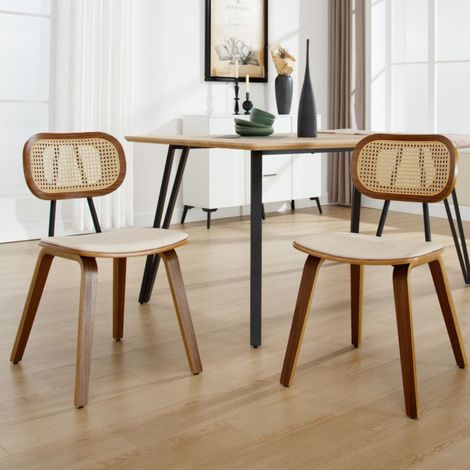 Wahson Set di 2 Cucina in Rattan Sedie da Pranzo in Ecopelle, Sedie Imbottite con Gambe in Legno da Retrò per Sala da Pranzo/Soggiorno/Camera da Letto, Beige