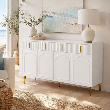 Aparador de MDF blanco con 4 puertas, 4 cajones, estantes regulables y frentes curvos, 140 cm, 82 cm de alto, para salón o comedor, acabado elegante CHICFURN (1/5)