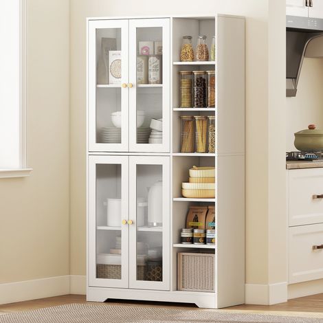 Buffet haut cuisine vaisselier vitrine 4 portes fermeture douce verre trempé 90x35x172 cm blanc. Vaisselier avec portes vitrées et fermeture douce, élégant et fonctionnel. (1/5)