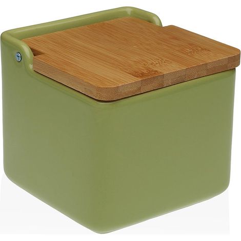 VERSA salero verde oliva 12,2x12,2x12,2 cm , Salero con tapa bambu cerámica 12,2 x 12,2 x 12,2 cm verde olivaMarca Versa
