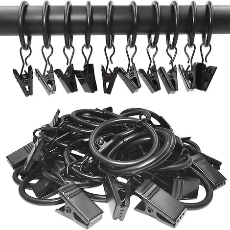 40 anneaux à rideaux avec pinces, anneaux à rideaux adaptés aux tringles à rideaux, anneaux à rideaux noirs (diamètre intérieur 38 m (1/4)