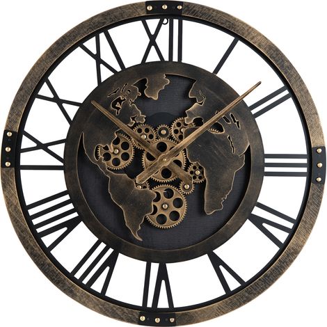 Horloge Murale Vintage 68 CM, Motif Carte du Monde, Horloge Métallique Décorative Sans Tic-Tac avec Engrenages Mobiles, pour Salon, Chambre, Marron (1/5)