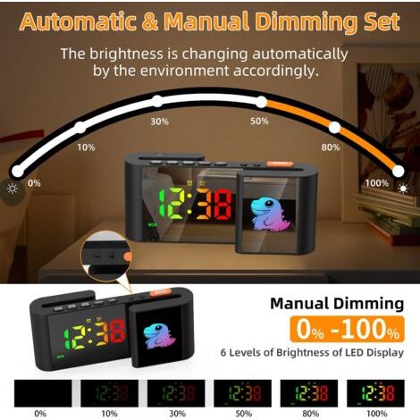 Sveglia digitale per bambini con luci notturne a 7 colori, specchio LED RGB cartoon, funzione snooze, 2 modalità sveglia, luminosità regolabile, 12/24h, orologio con USB (1/4)