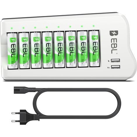 Chargeur de Piles Rechargeables, avec 8PCS Piles Rechargeables AA 2 Sorties USB, Charge Indépendant, avec Câble AC, Utilisation Facile pour AA AAA Ni-MH NI-CD Piles (1/5)