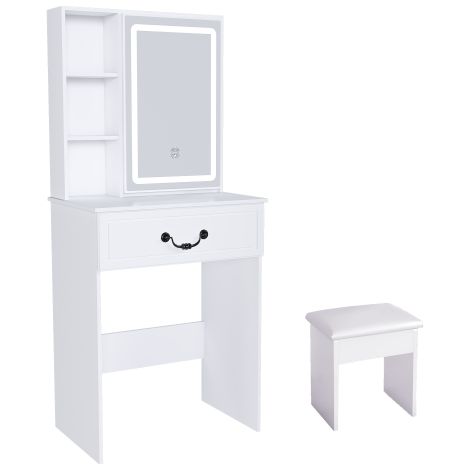 Coiffeuse blanche LED, rangement caché, tabouret 60x131,5x36cm