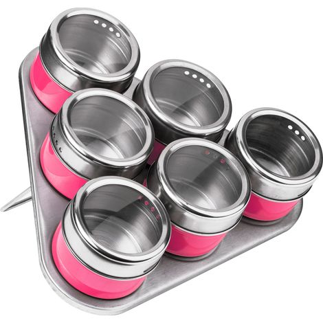 Interiors By Premier Durable Hot Pink Magnetic Spice Jars With Triangular Tray, Stylish Oblong Tray, Clear Plastic Lid Tray (1/4)