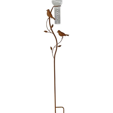 Pluviomètre oiseaux fer patiné effet rouille – Mesure précise avec tube verre amovible – Décor figuratif raffiné pour jardin – La Grande Prairie (1/2)