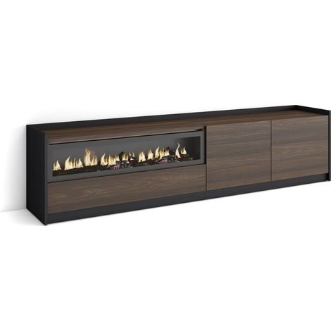Skraut Home - Mueble TV, Televisión, 207x37x50cm, Para TV hasta 80", Chimenea eléctrica, Roble oscuro y Negro (1/5)