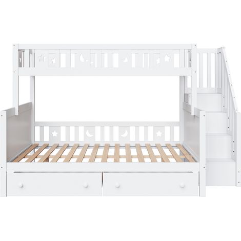 Kinderetagenbett 90x200/140x200 mit Stauraumtreppe, 2 Schubladen und Lattenrost, weiß (1/5)