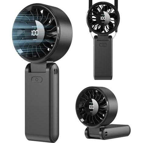 Ventilateur Portable à Main - 5000mAh Mini Ventilateur de Table/Cou,5 Vitesses,Jusqu'à 20h,135° Pliable,3 en 1 Fan Rechargeable USB Silencieux avec Cordon Réglable,Écran LED,pour Intérieur Extérieur (1/5)