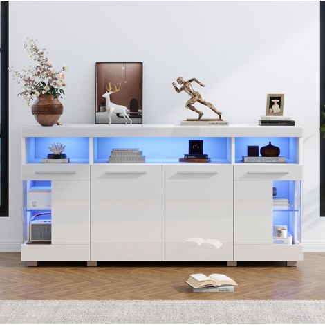 Aparador de salón 140x40x70 cm, con LED, 3 cajones, puertas de vidrio templado, MDF, blanco (1/5)