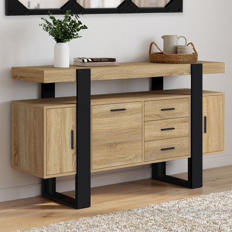 Aparador PHOENIX 140 cm con 3 puertas y 3 cajones negros y de madera