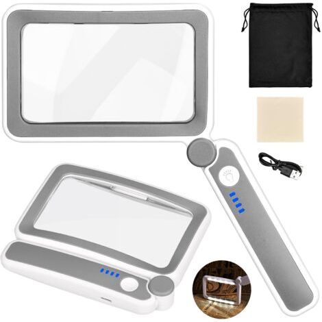 Loupe de Lecture 4X Rectangulaire, Loupe Grossissante Pliante avec 10 LED Lumières, Loupe Grossissante avec Lumière USB Rechargeable, 3 Modes D'éclairage, pour Lecture, Travaux de Proximité (1/5)