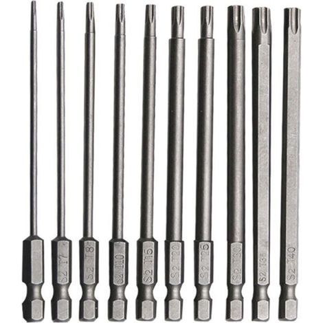 10 PCS Embout Torx Long en Acier Allié au Chrome Vanadium 75mm Embout Visseuse Long Antirouille Jeu pour Tournevis Perceuse Electrique Machines Entretien (1/4)