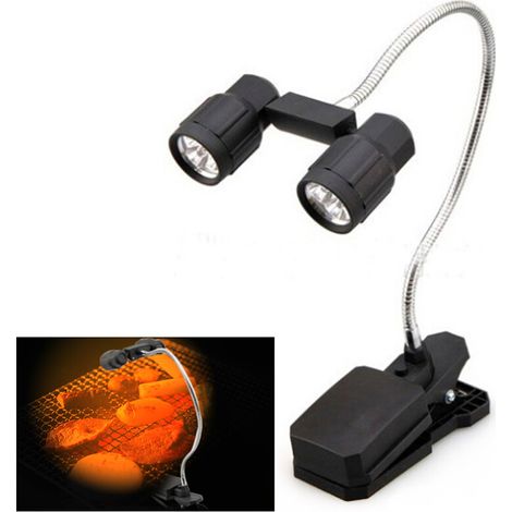Drehbare, flexible und wetterfeste LED-Grillleuchte mit Klemmbefestigung.