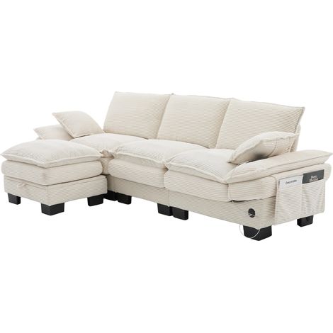 Expérience confortable – Canapé 3 places modulable en velours côtelé beige, avec 1 pouf, assise ergonomique, mousse haute densité et poches latérales – pour salon, bureau ou lounge (1/5)