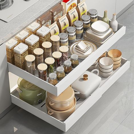 Telescopic Drawer for Kitchen Cabinets, Adjustable Width 32-52cm, Extendable Kitchen Cupboard Organizer with Nano Film Adhesive Attachment, White (Pack of 2-White) (1/5)