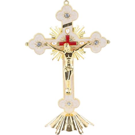 Rotes Strass-Stehkreuz aus Metall, elegantes Retro-Kruzifix auf Sockel für ein christliches Zuhause (1/5)