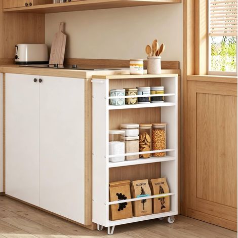 MEUBLIV Küchenwagen 47 x 13 x 80 cm Weiß – 3 offene Ablagen mit Rollen (1/4)