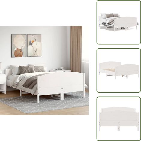 The Living Store Cadre de lit sans matelas blanc 160x200 cm bois de pin massif - Cadre De Lit - Lit Double - Lit En Bois - Bois De Pin - Tête De Lit